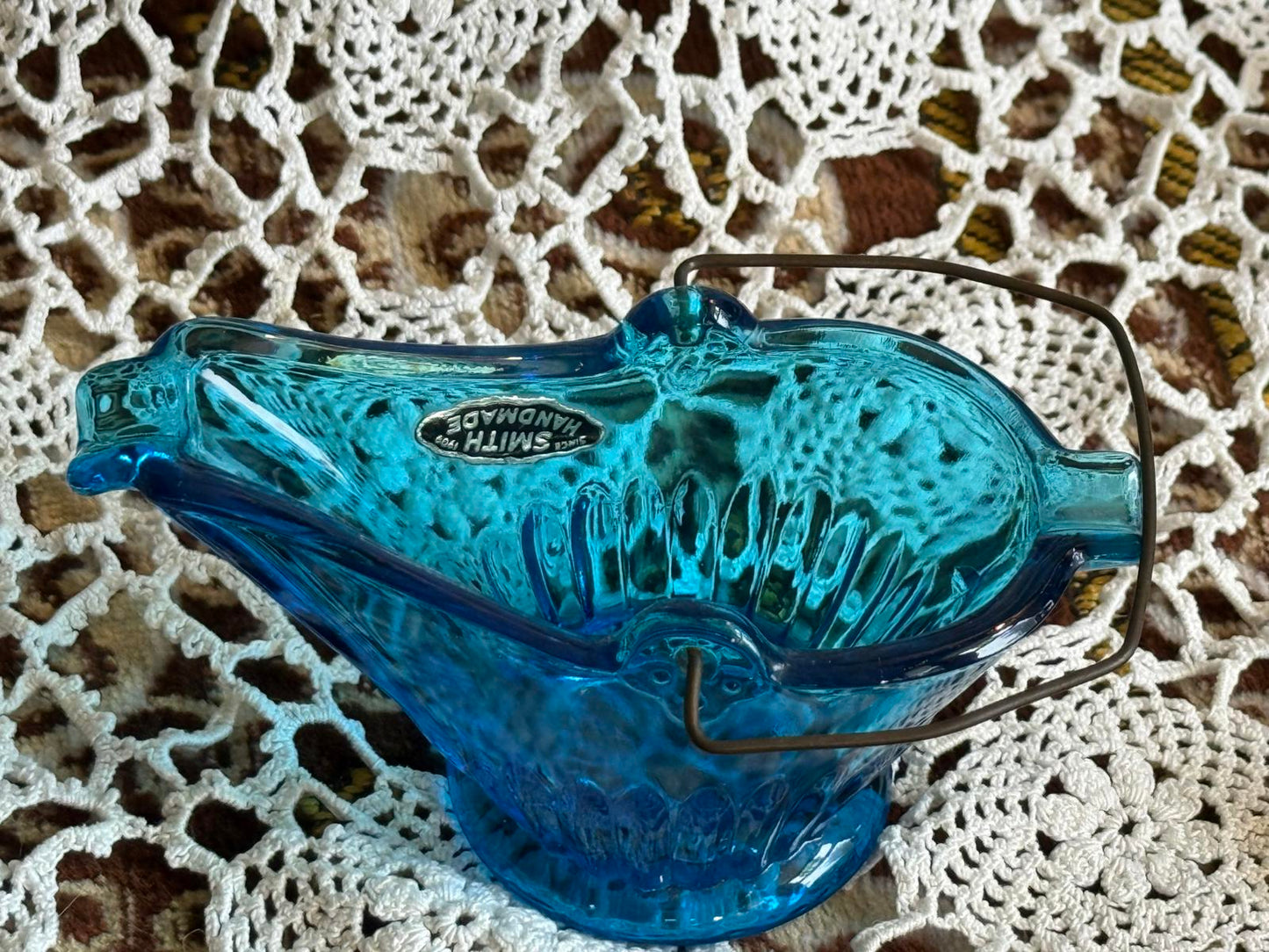 L.E. Smith Blue 'Coal Buck' Ashtray with metal handle Smith Glass