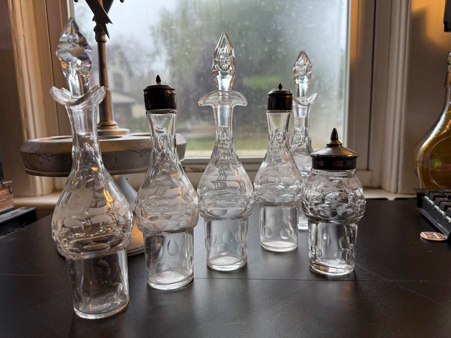 Vintage Glass Condiment Set with Cruets Wilcox Quad Silver plated 1800's