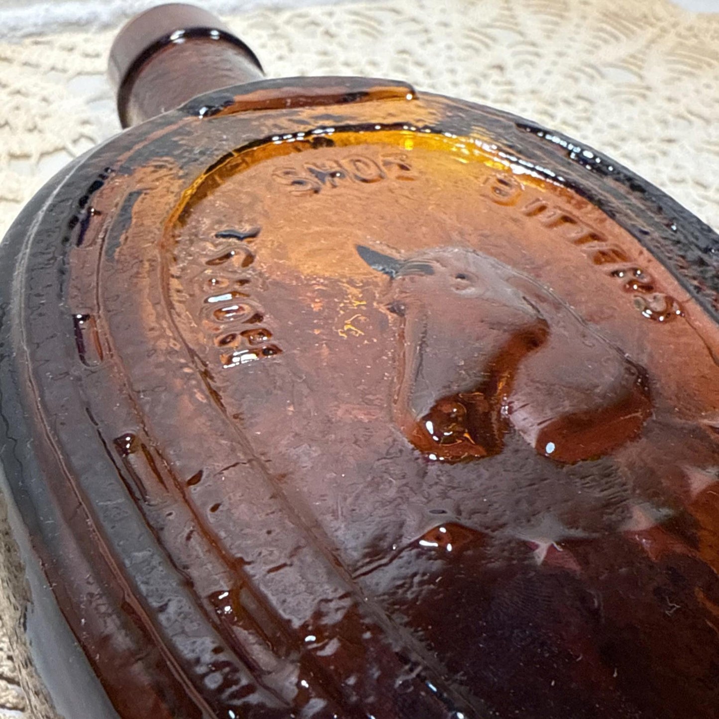 Vintage Wheaton Amber/Brown Glass Horse Shoe Medicine Co Bitters Bottle 7 1/2"