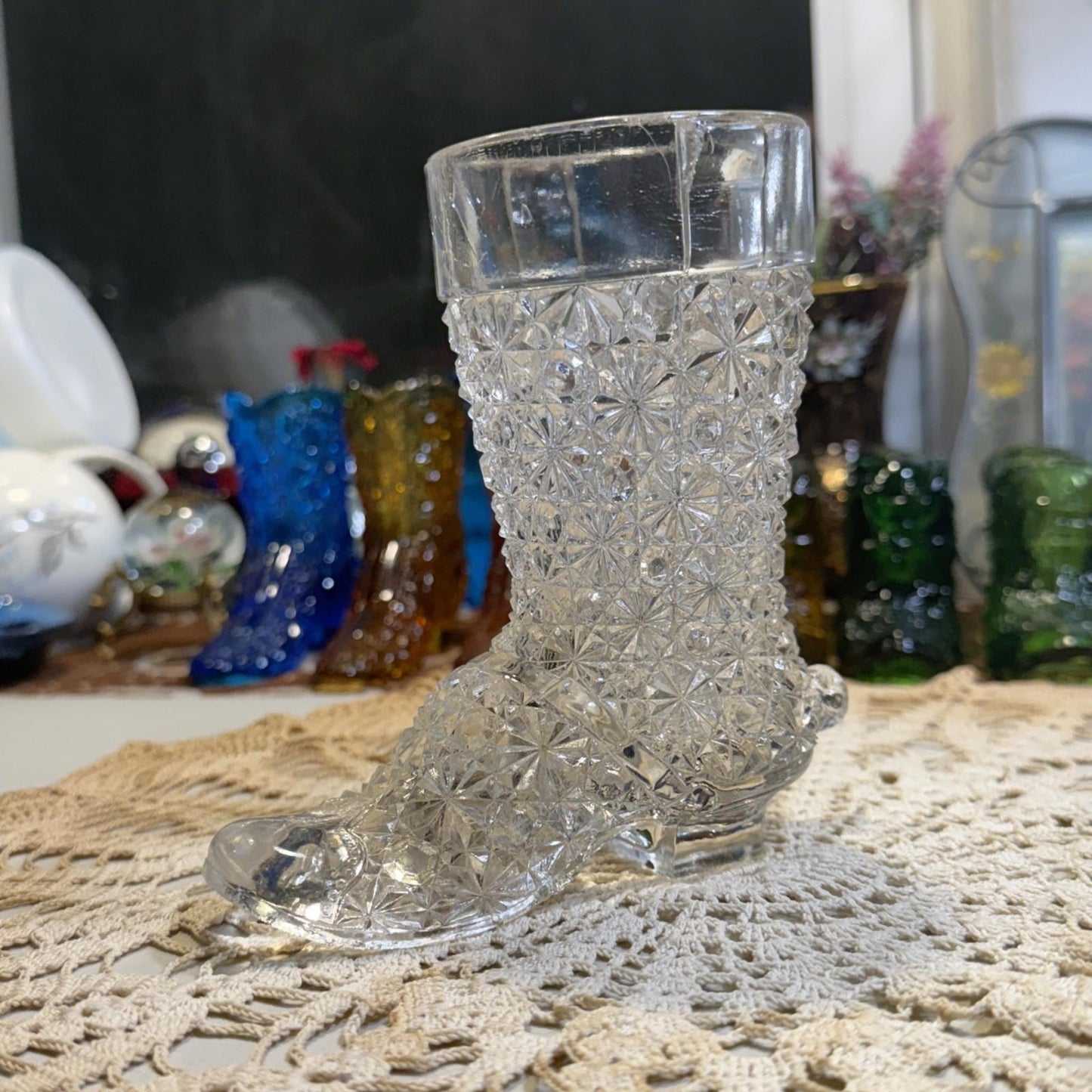 Mid-Size Daisy & Button Clear Glass Drinking Boot shoe EAPG Early American