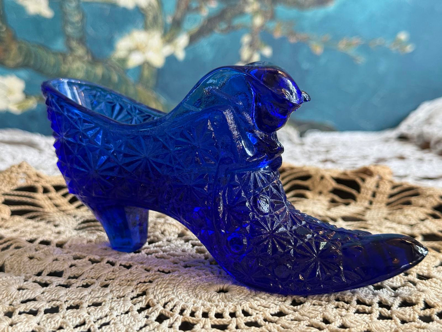 Vintage Fenton Art Glass Cobalt Daisy Button Cat Head Slipper Great condition