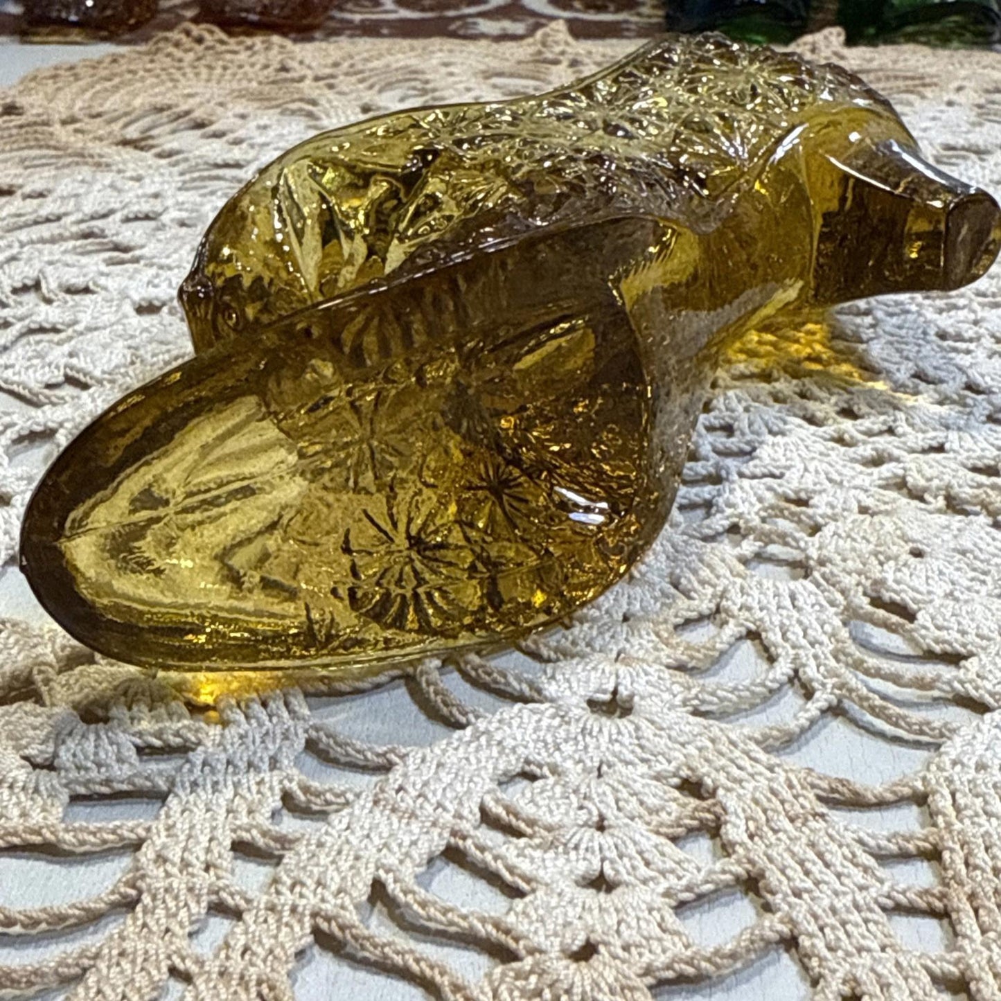 Fenton Cat Head Daisy & Button Amber Glass Shoe Art Glass Paperweight Yellow