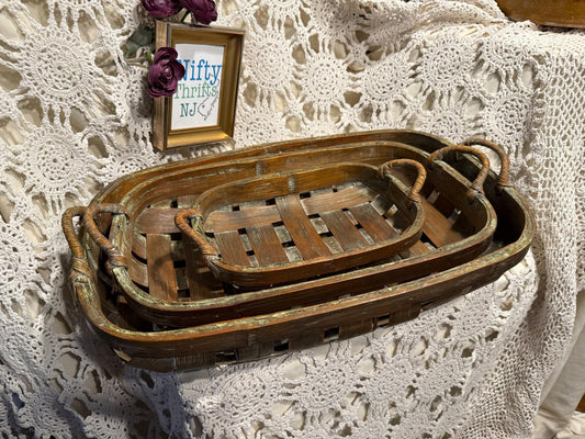 Decorative bent wood baskets woven handles tobacco style set of 3 very old style