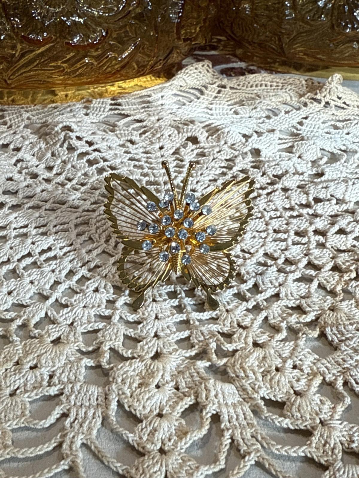 Vintage Monet Brooch Butterfly Signed Rhinestone Gold Tone C Clasp