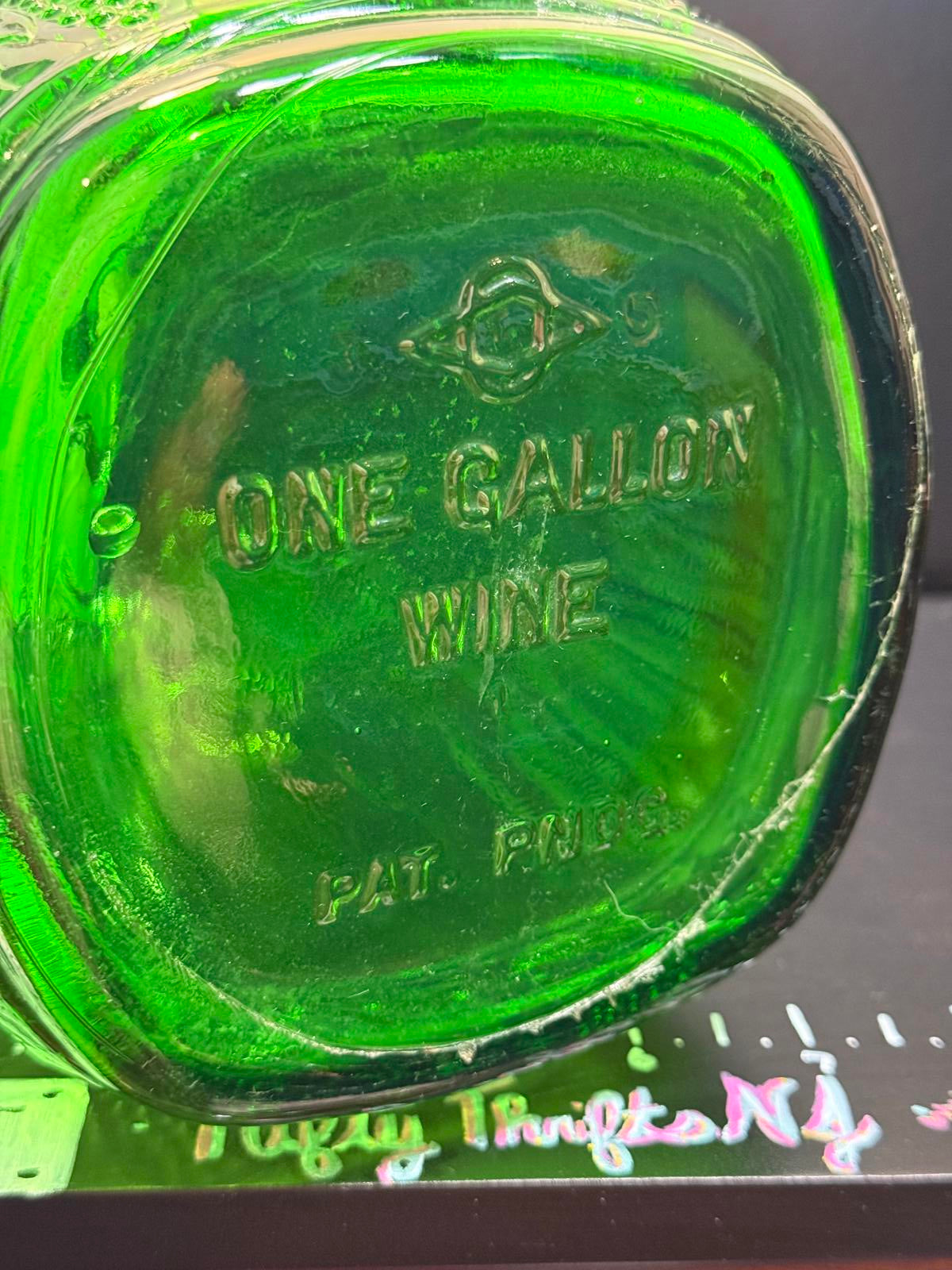 Vintage Green Glass Gallon Wine Jug with Unique round Handles Embossed w. grapes