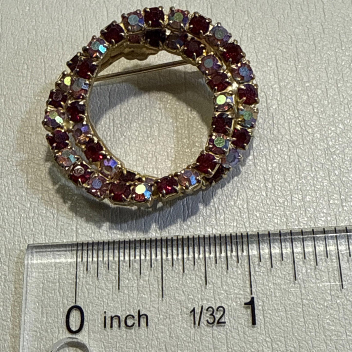 Vintage Double Ring Circle Red & Pink Aurora Borealis Rhinestone Pin Brooch 1 In