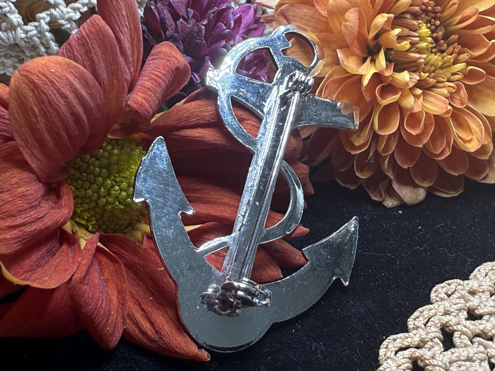 Small Red White & Blue Enamel Patriotic SIlvertone Anchor Brooch Pin