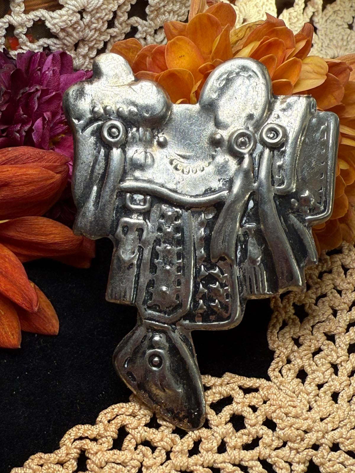 Vintage Western Cowboy & Horse Silver Tone Tin Brooch Pin Japan 1950's