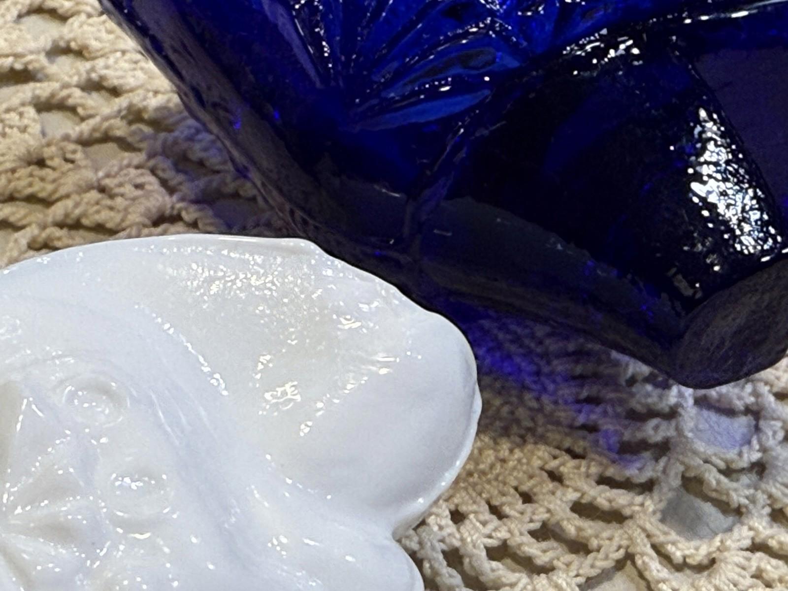 Fenton Queen Kitten Slipper White Milk and Cobalt Glass Daisy & Button Pair Of 2