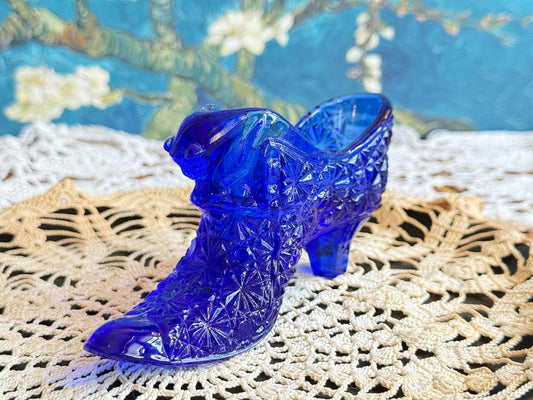 Vintage Fenton Art Glass Cobalt Daisy Button Cat Head Slipper Great condition