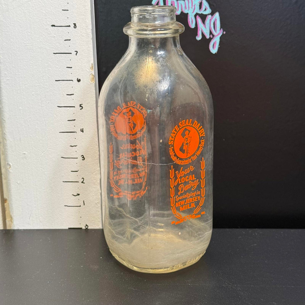Vintage Glass Milk Bottle - Jersey Local Dairy State Seal Dairy NJ