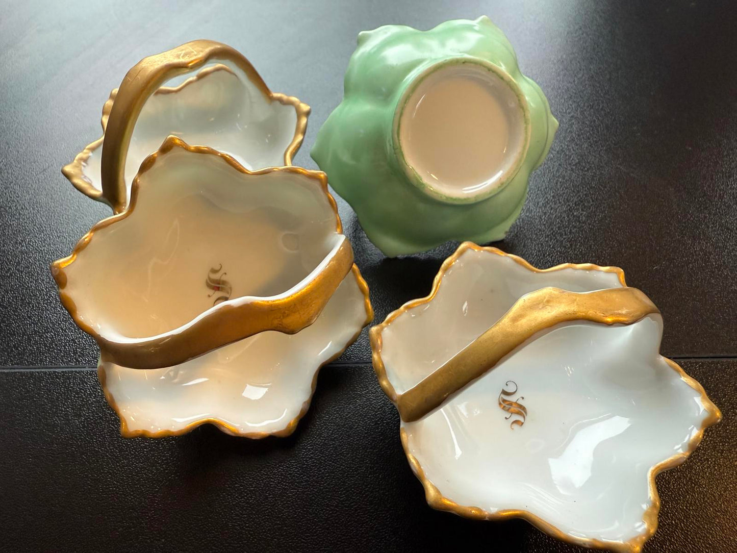Set of 4 Porcelain Bowls with Gold Trim & Handles Salt Cellar or Condiment Dish