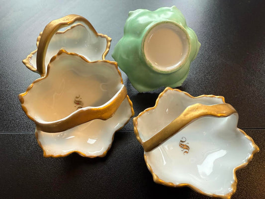 Set of 4 Porcelain Bowls with Gold Trim & Handles Salt Cellar or Condiment Dish