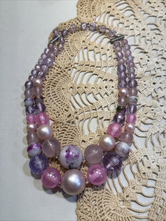VTG Karu Arke Pink \ Purple Beaded Collar Choker Double Strand Necklace