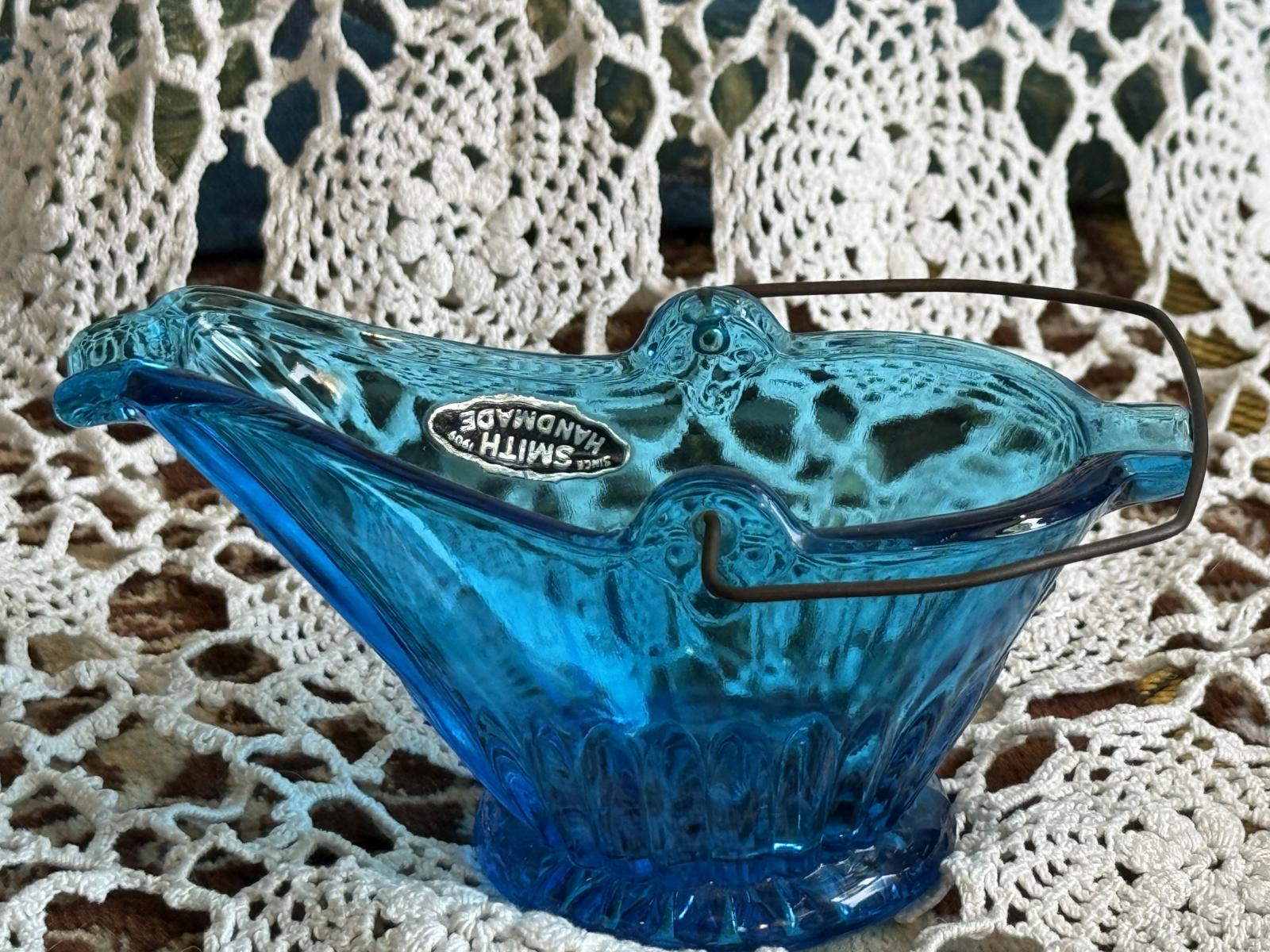 L.E. Smith Blue 'Coal Buck' Ashtray with metal handle Smith Glass