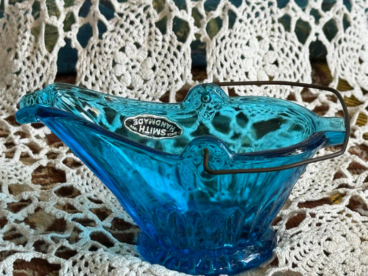 L.E. Smith Blue 'Coal Buck' Ashtray with metal handle Smith Glass