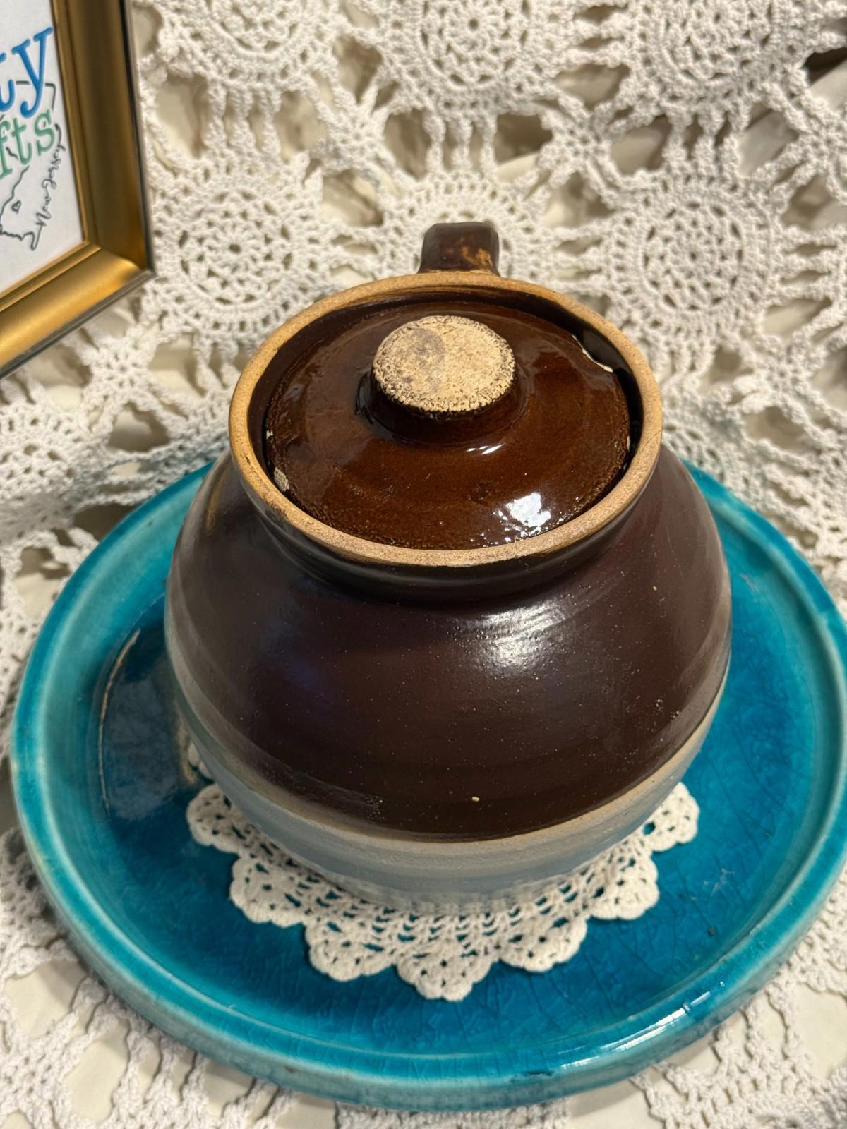 Vintage Bean Pot hand thrown clay pottery two tone with small chips on lid