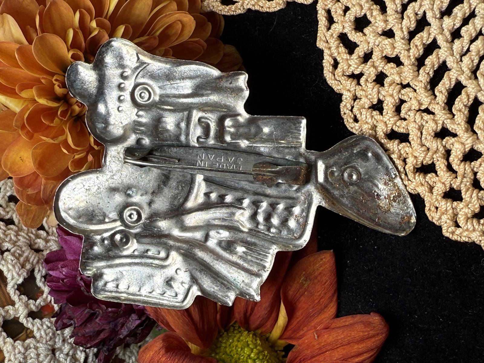 Vintage Western Cowboy & Horse Silver Tone Tin Brooch Pin Japan 1950's