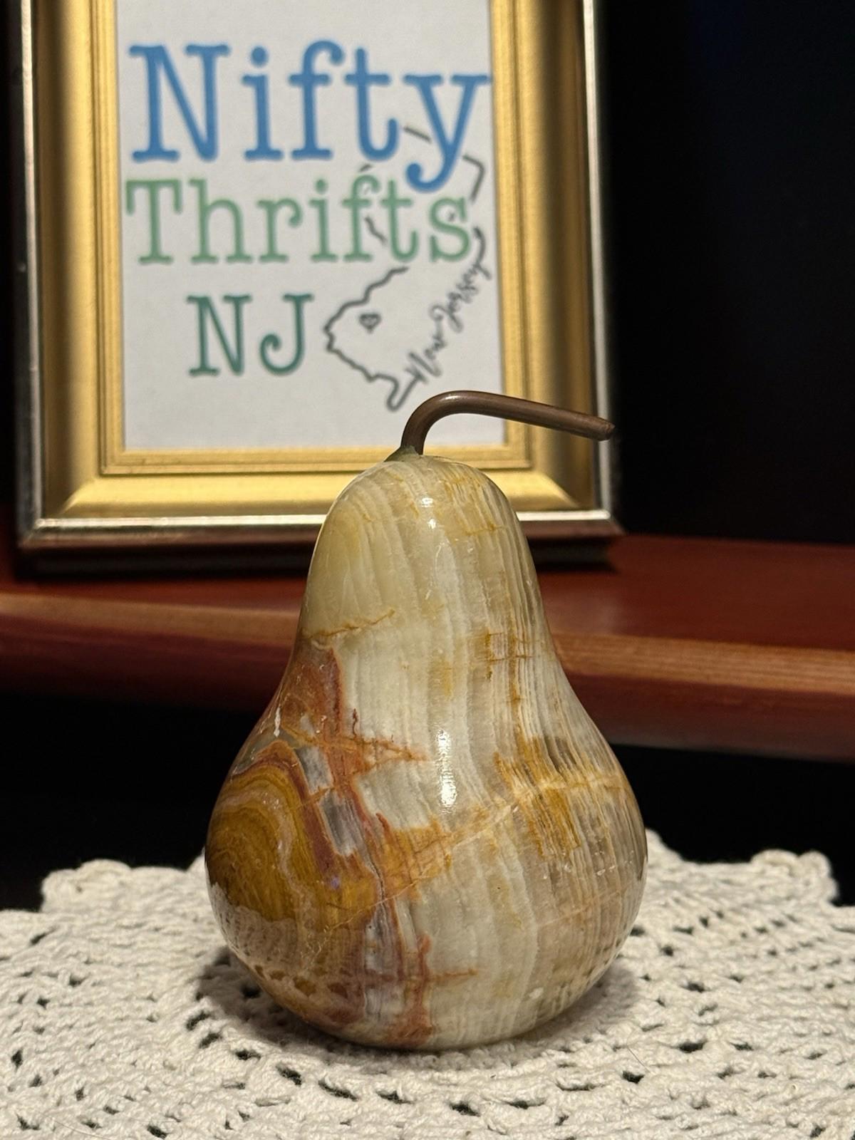 Vintage Onyx Marble Stone Pear Shaped Fruit Paperweight Hand-Carved Polished 4"