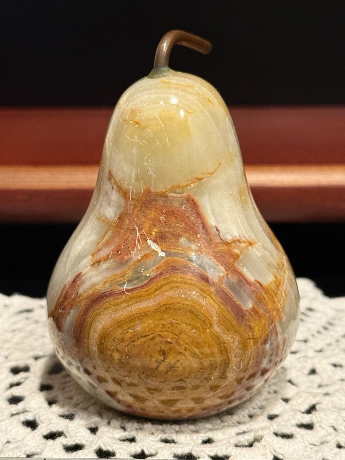 Vintage Onyx Marble Stone Pear Shaped Fruit Paperweight Hand-Carved Polished 4"