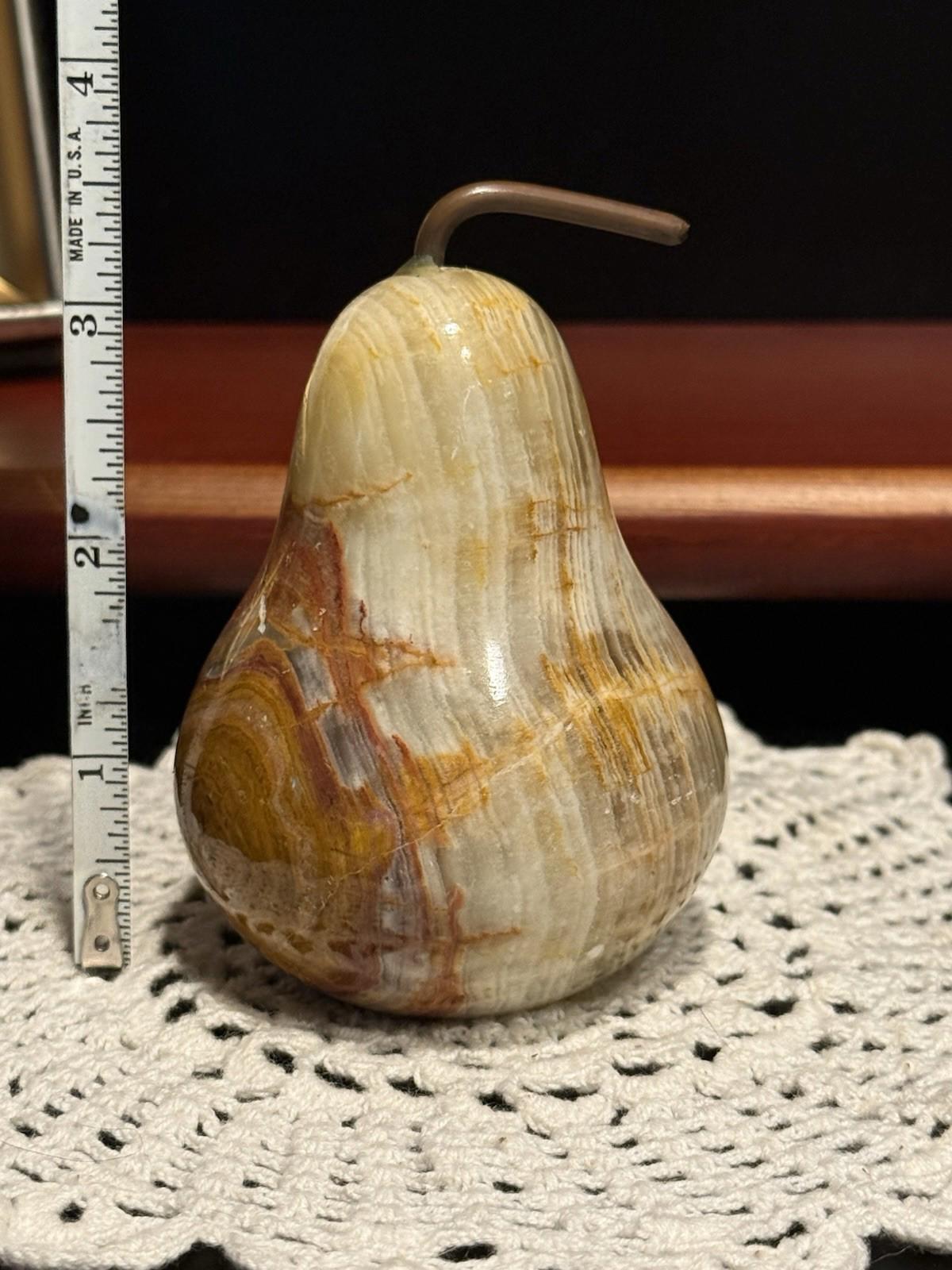 Vintage Onyx Marble Stone Pear Shaped Fruit Paperweight Hand-Carved Polished 4"
