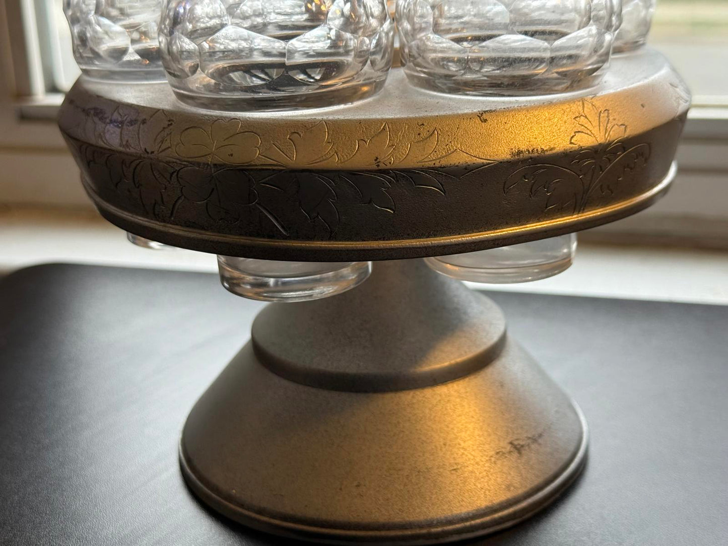 Vintage Glass Condiment Set with Cruets Wilcox Quad Silver plated 1800's