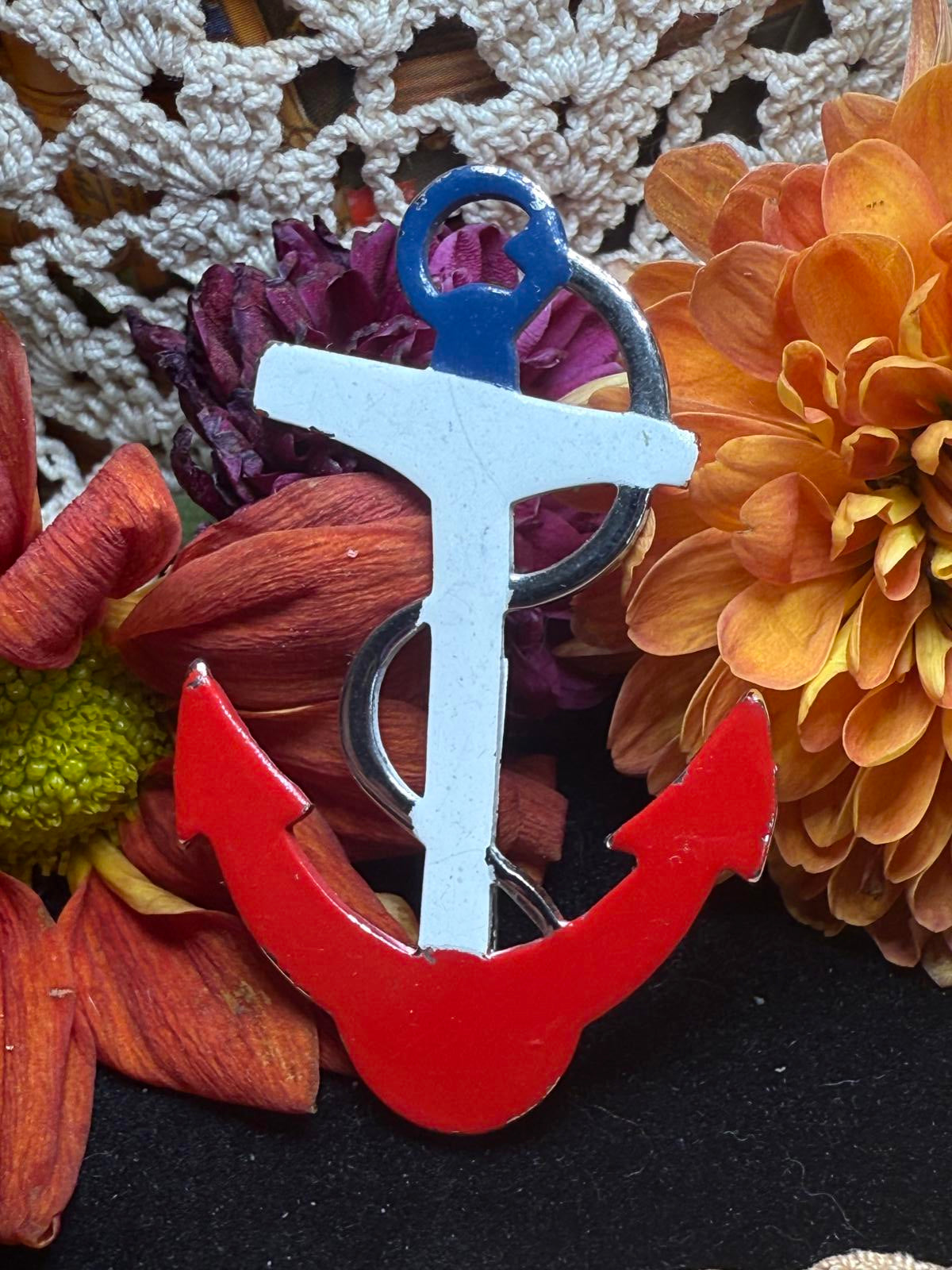 Small Red White & Blue Enamel Patriotic SIlvertone Anchor Brooch Pin