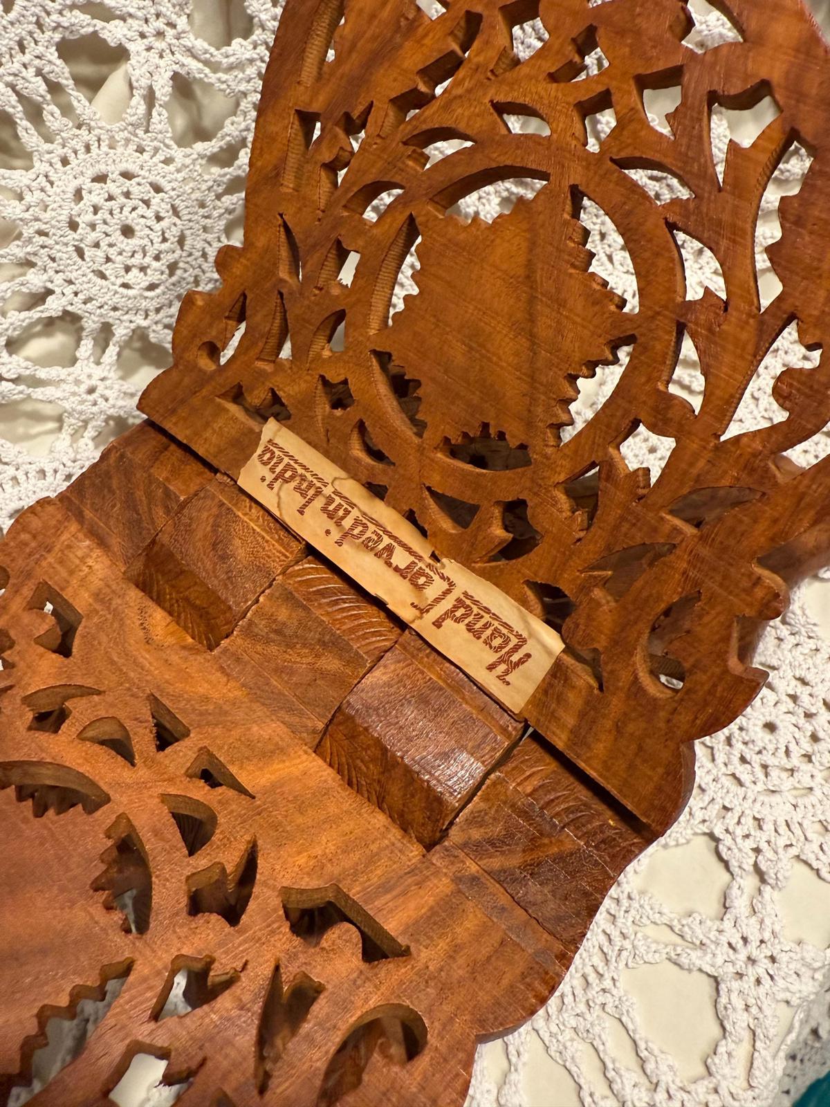 Vintage wooden hand carved book cookbook bible stand made in India sheesham wood