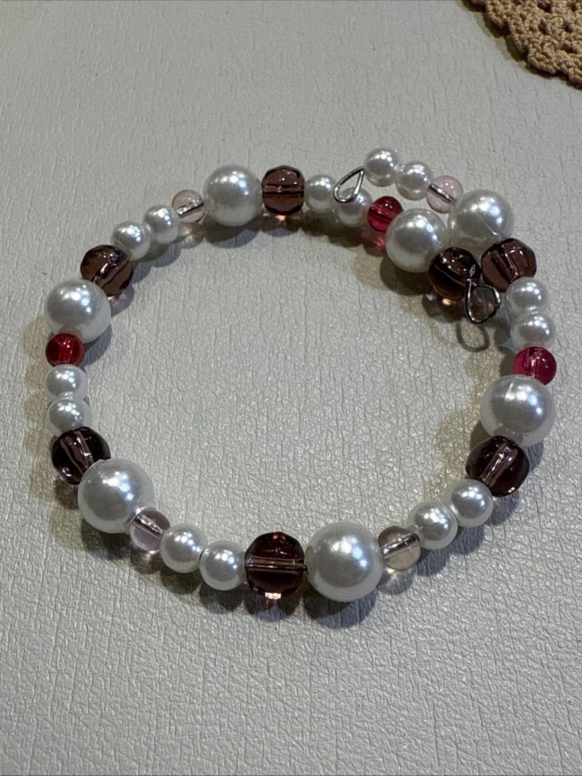 Memory Wire Faux Pearls, Clear Purple And Pink ADJUSTABLE Bracelets Pair Of 2