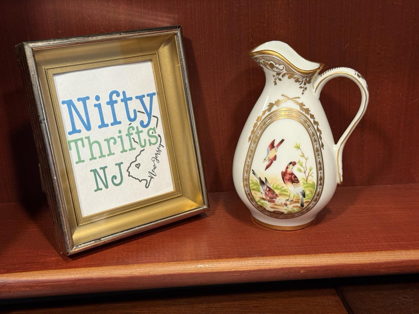 The Franklin Mint Fine Porcelain Creamer Pitcher Floral & Birds Gold Gilt