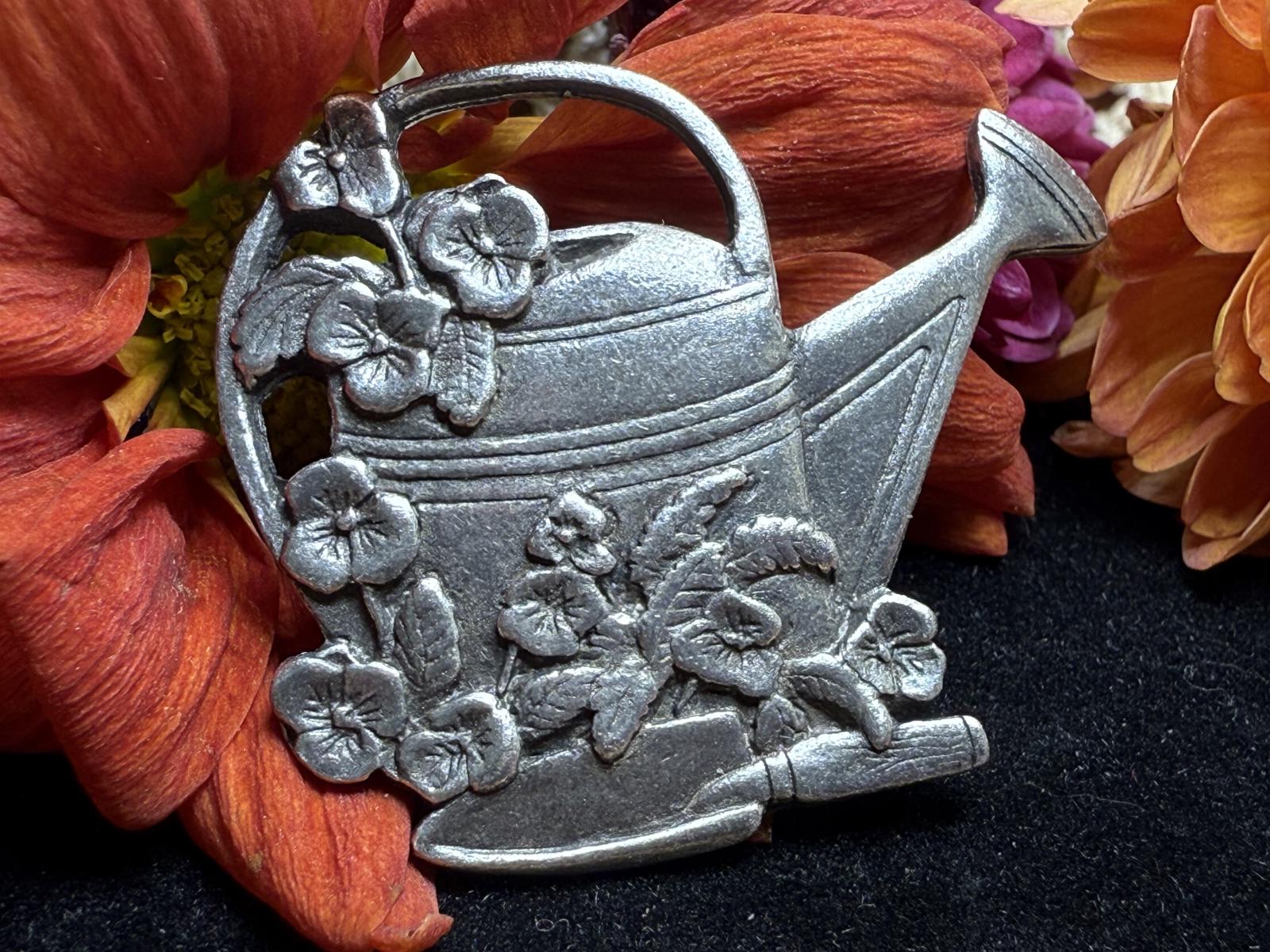 Watering Can Pinback Flowers Spade Birds & Blooms Limited Edition 2000 Pewter