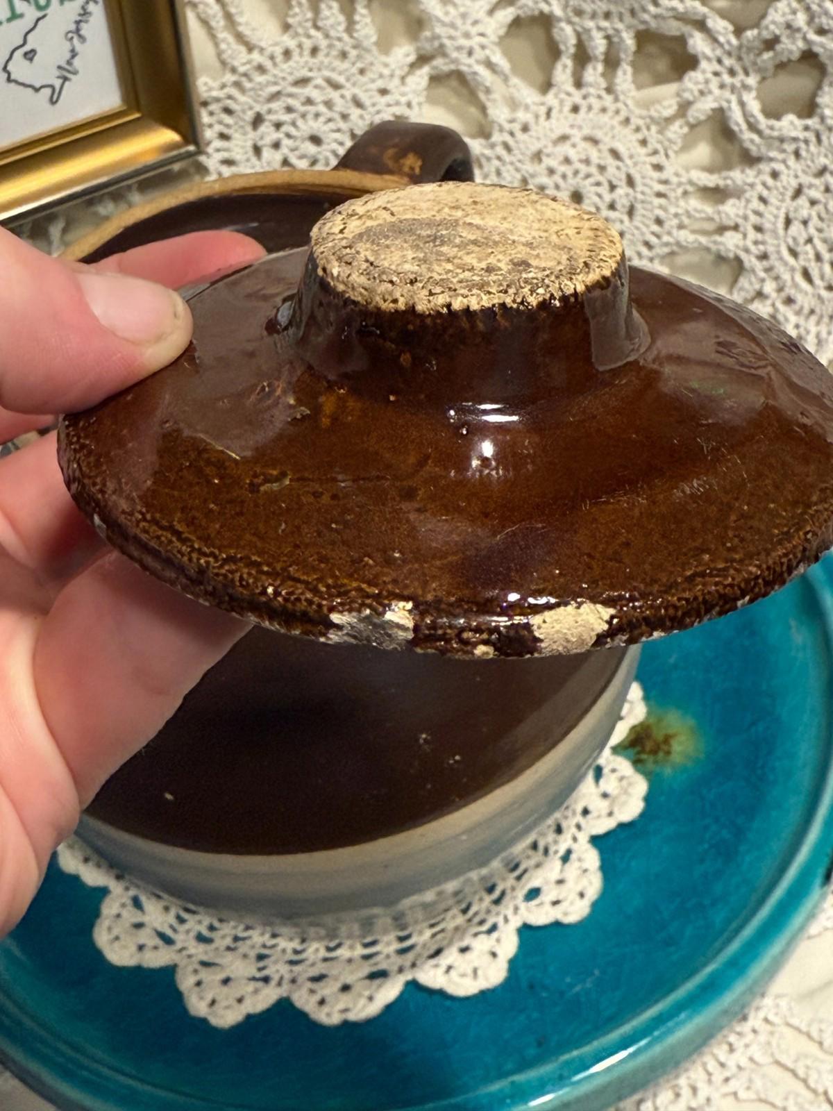 Vintage Bean Pot hand thrown clay pottery two tone with small chips on lid