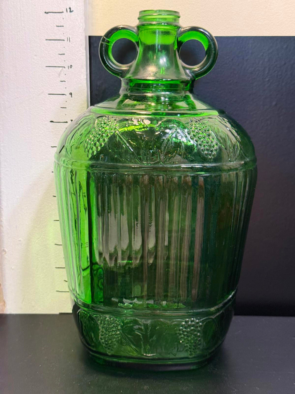 Vintage Green Glass Gallon Wine Jug with Unique round Handles Embossed w. grapes