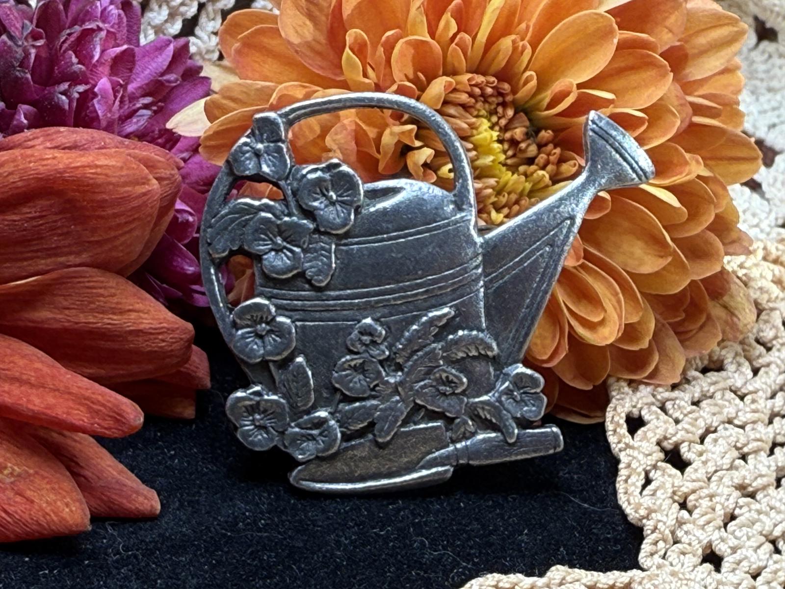 Watering Can Pinback Flowers Spade Birds & Blooms Limited Edition 2000 Pewter