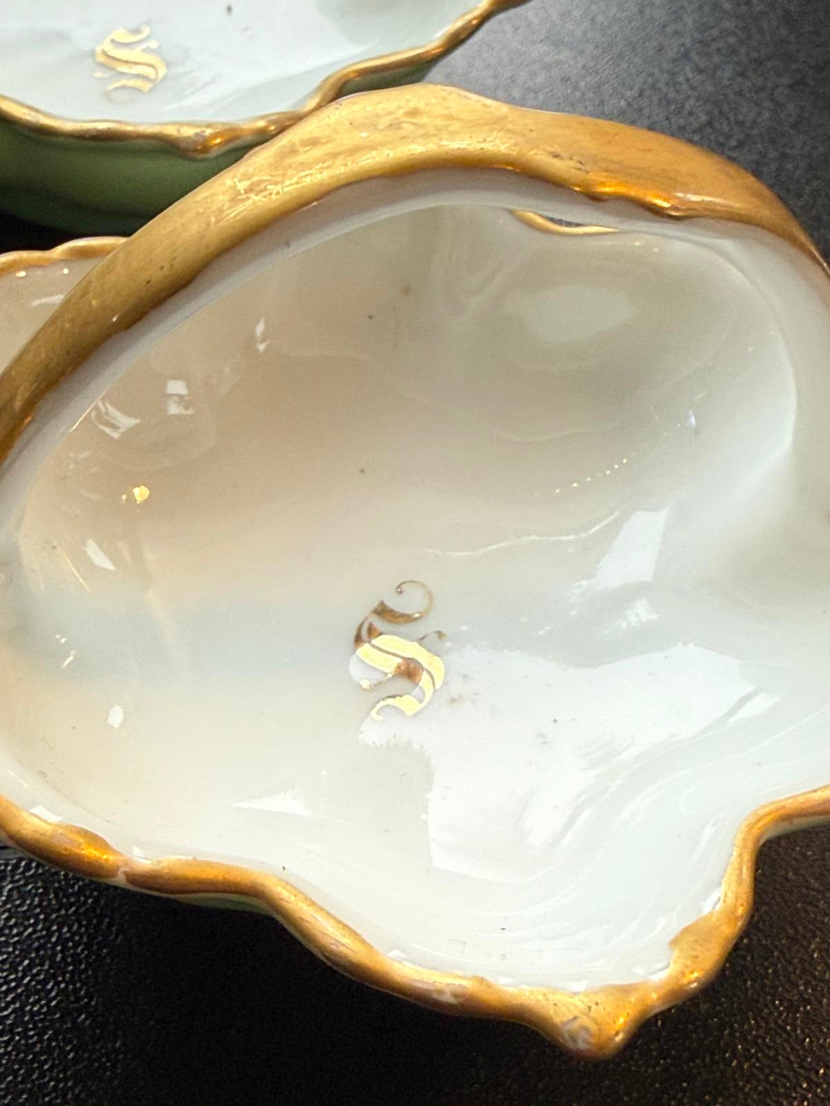 Set of 4 Porcelain Bowls with Gold Trim & Handles Salt Cellar or Condiment Dish