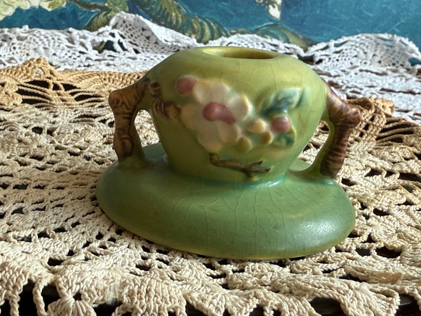 Vintage Roseville Pottery Green Apple Blossom Candle Holder 351 2" Tall USA