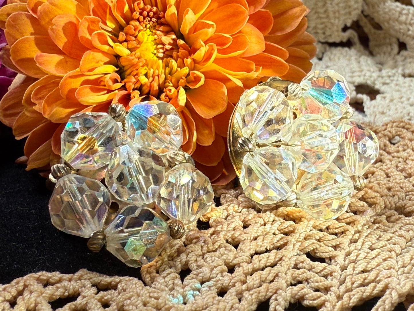 Vintage 1950s Aurora Borealis Crystal Clip Earrings