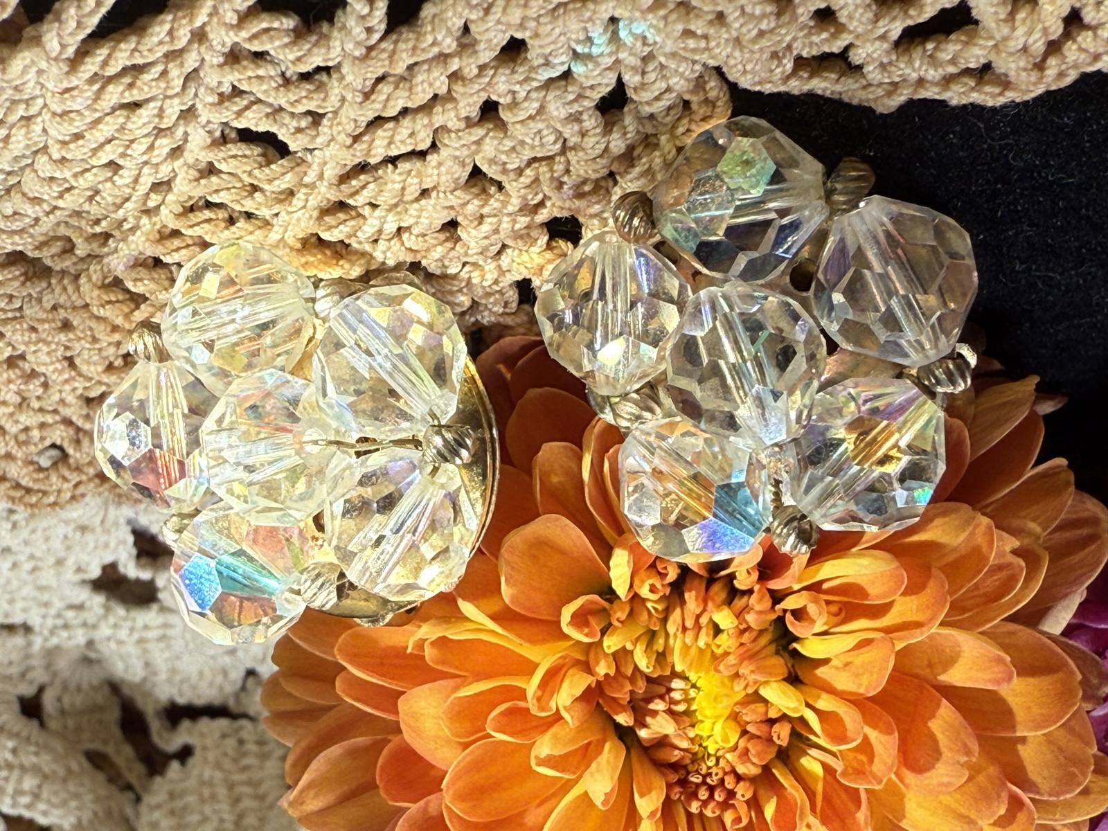 Vintage 1950s Aurora Borealis Crystal Clip Earrings