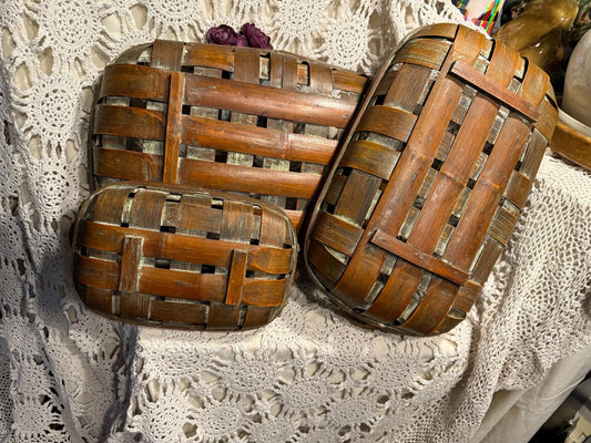 Decorative bent wood baskets woven handles tobacco style set of 3 very old style