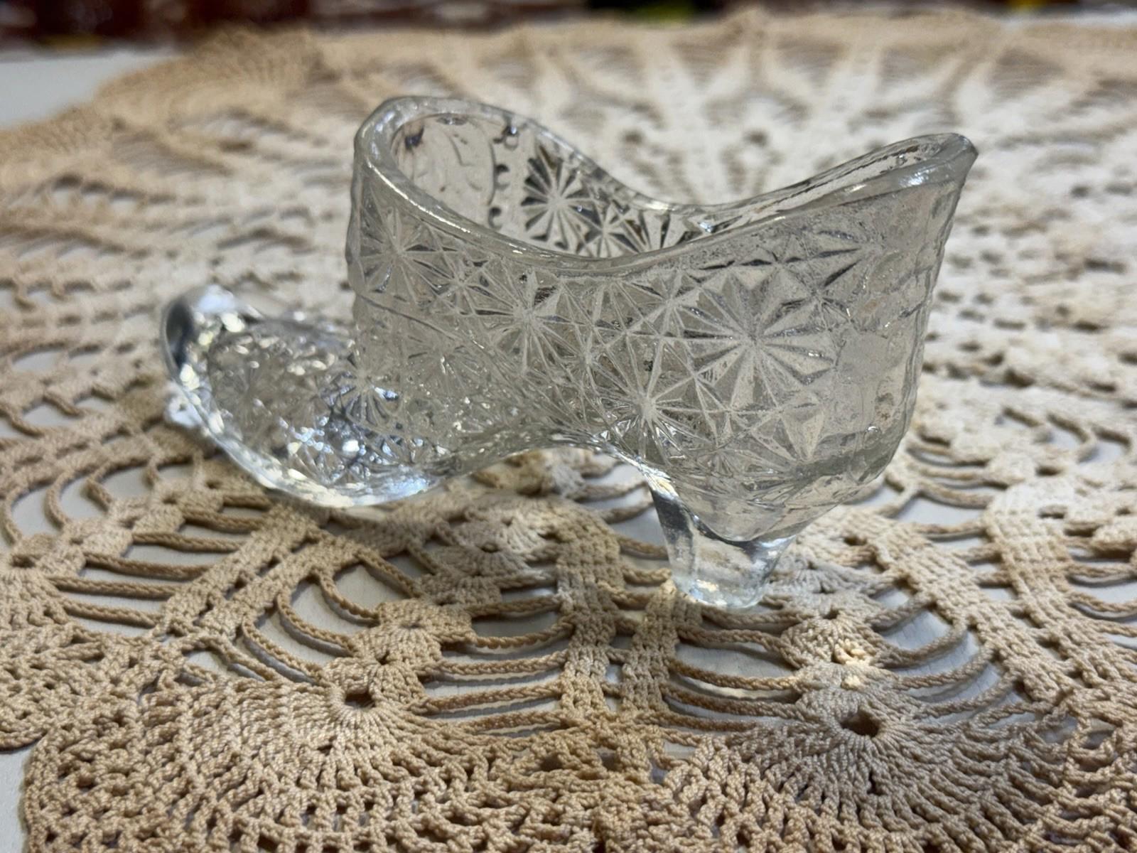 Vintage Victorian Fenton Daisy & Button Clear Glass Shoe Slipper With Bow Front