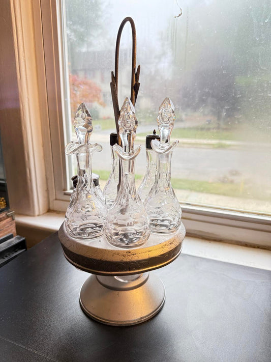 Vintage Glass Condiment Set with Cruets Wilcox Quad Silver plated 1800's