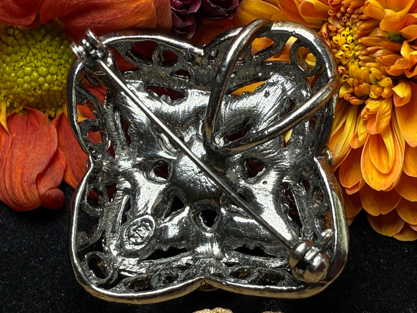 Vintage Premier Designs Signed Brooch/Pin/Pendant Smoky Grey Black Rhinestones