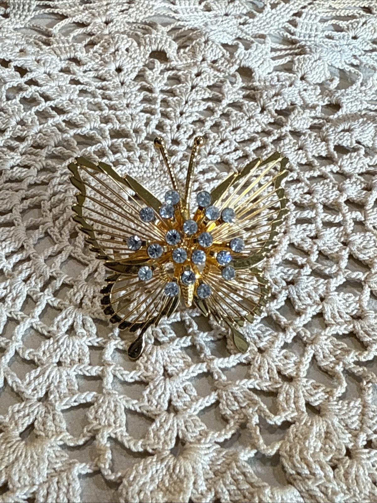 Vintage Monet Brooch Butterfly Signed Rhinestone Gold Tone C Clasp