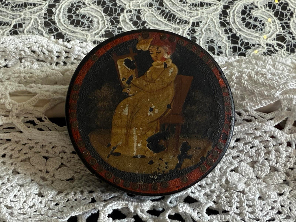 Antique Hand Painted Lacquer Snuff Box, Papier-mâché early 1800's sitting woman