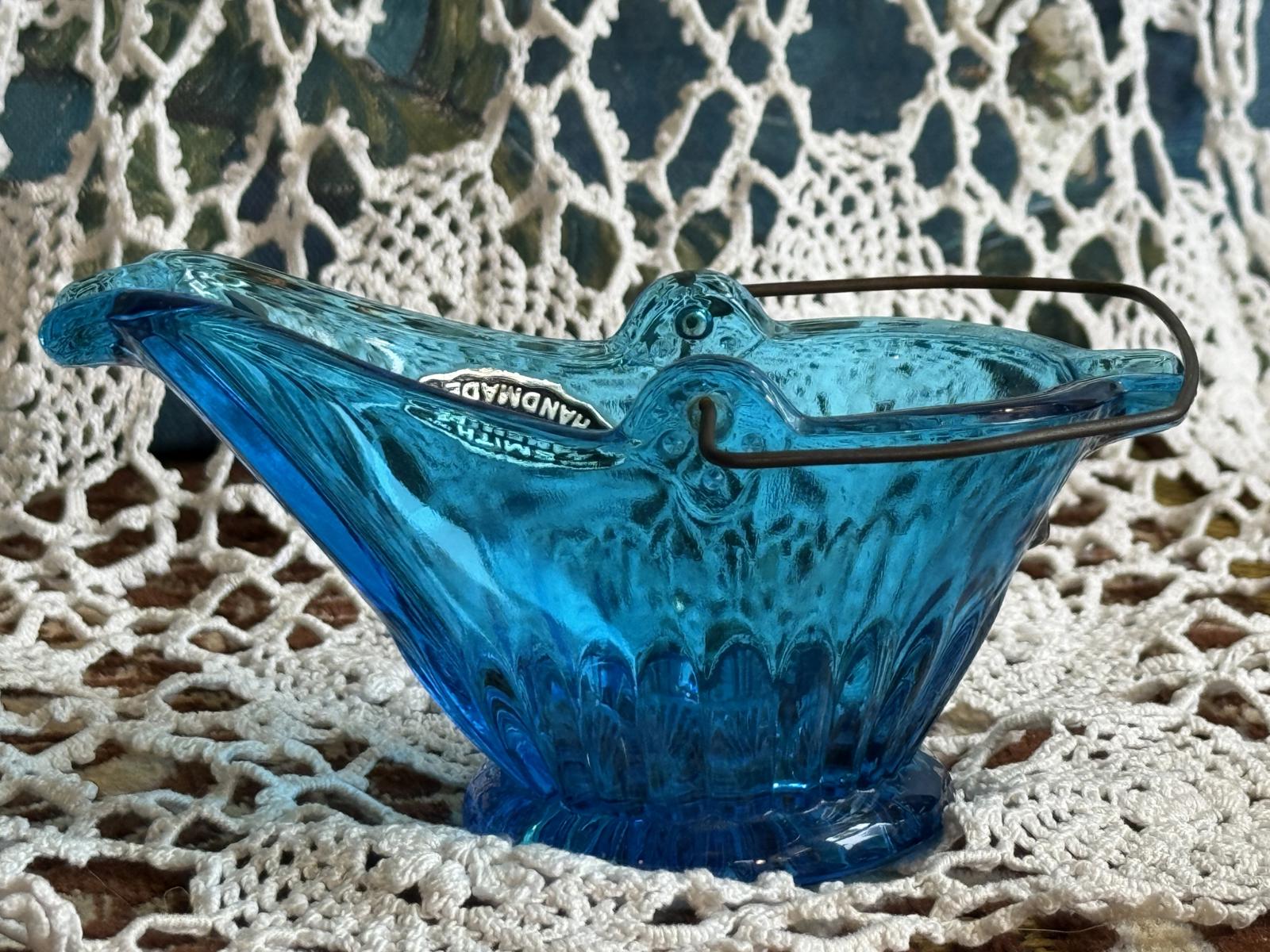 L.E. Smith Blue 'Coal Buck' Ashtray with metal handle Smith Glass