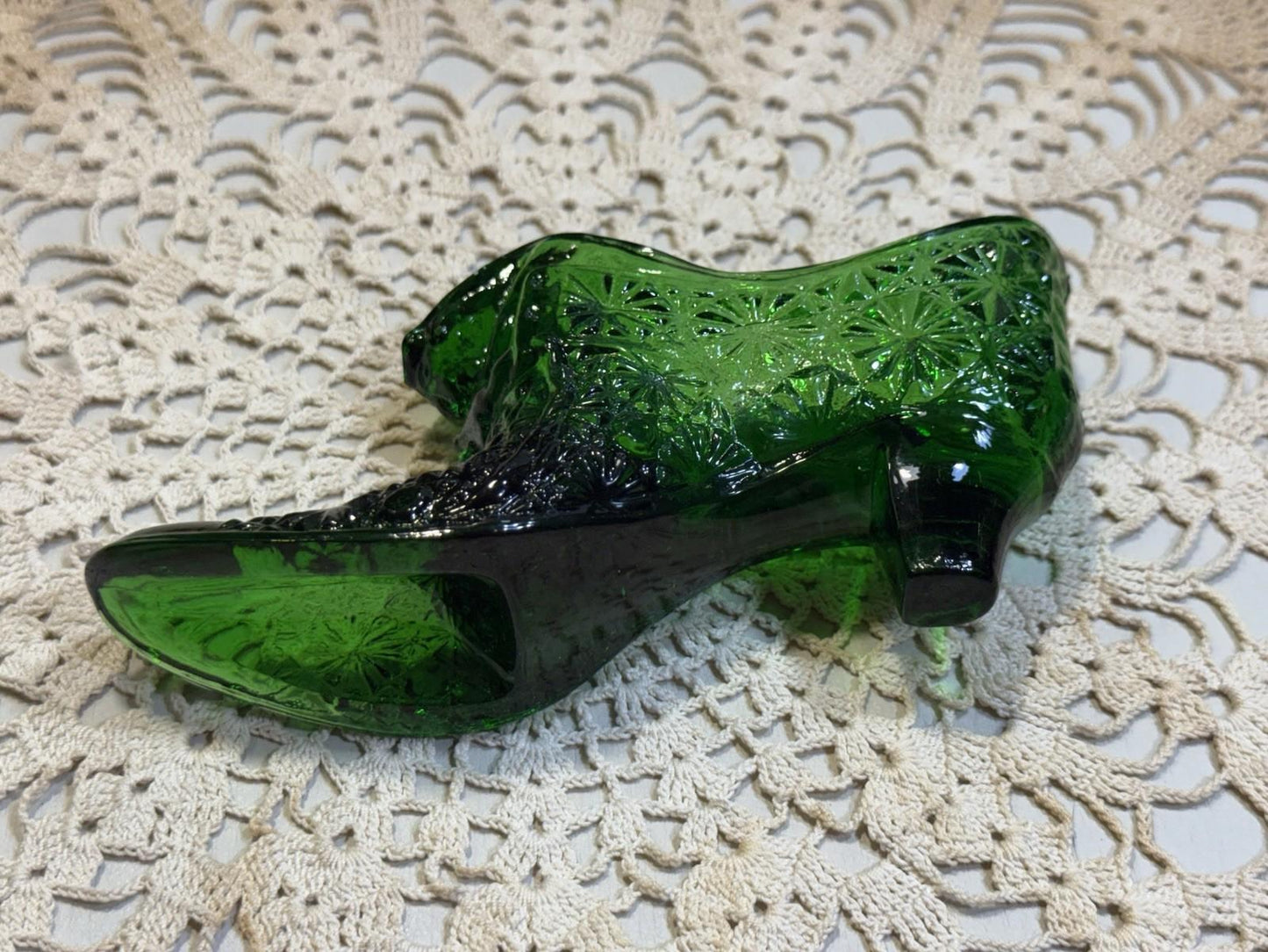 Vintage Cat Fenton Green Glitter Glass Daisy & Buttons Shoe Slipper Boot 6 in