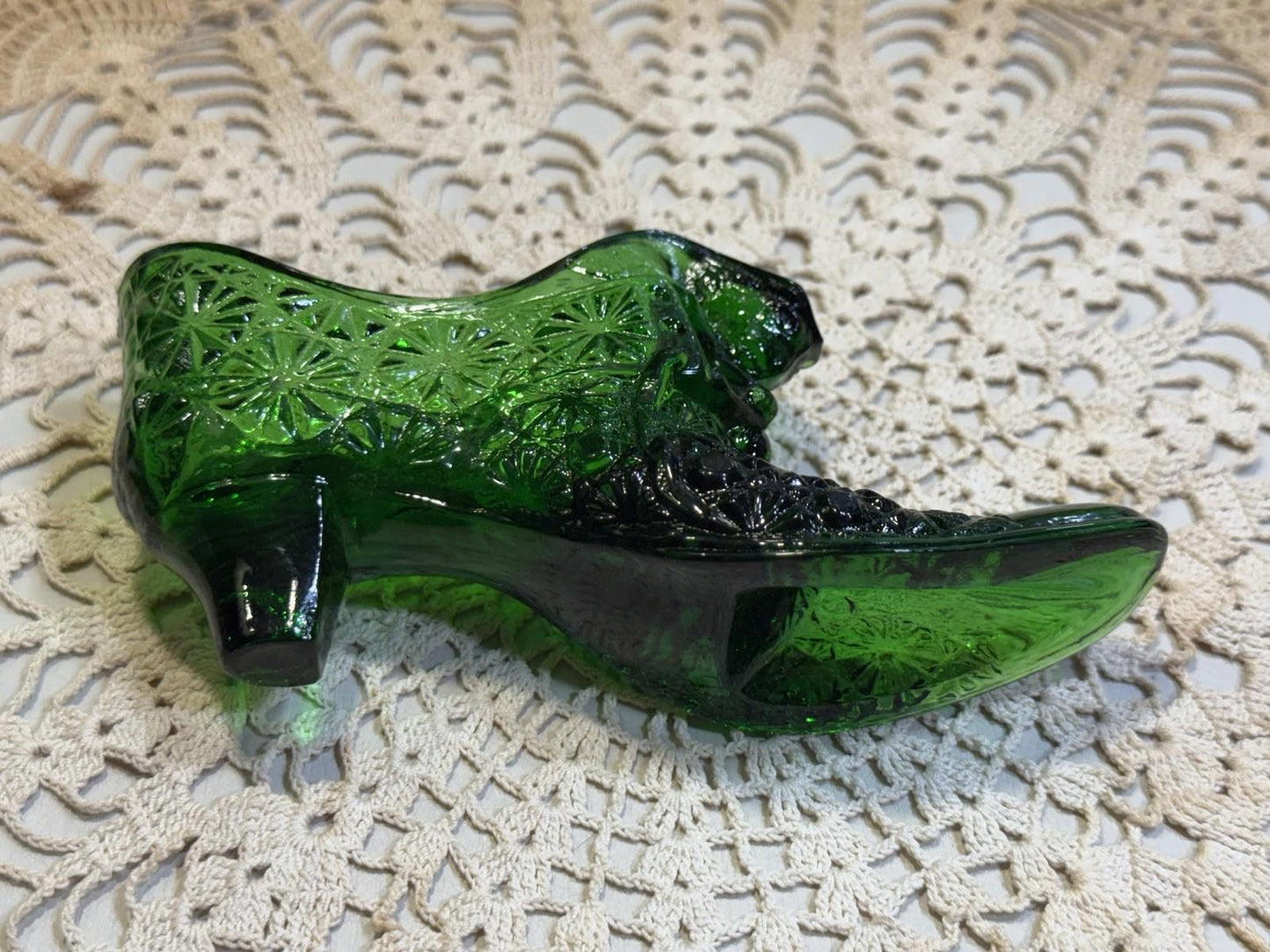 Vintage Cat Fenton Green Glitter Glass Daisy & Buttons Shoe Slipper Boot 6 in