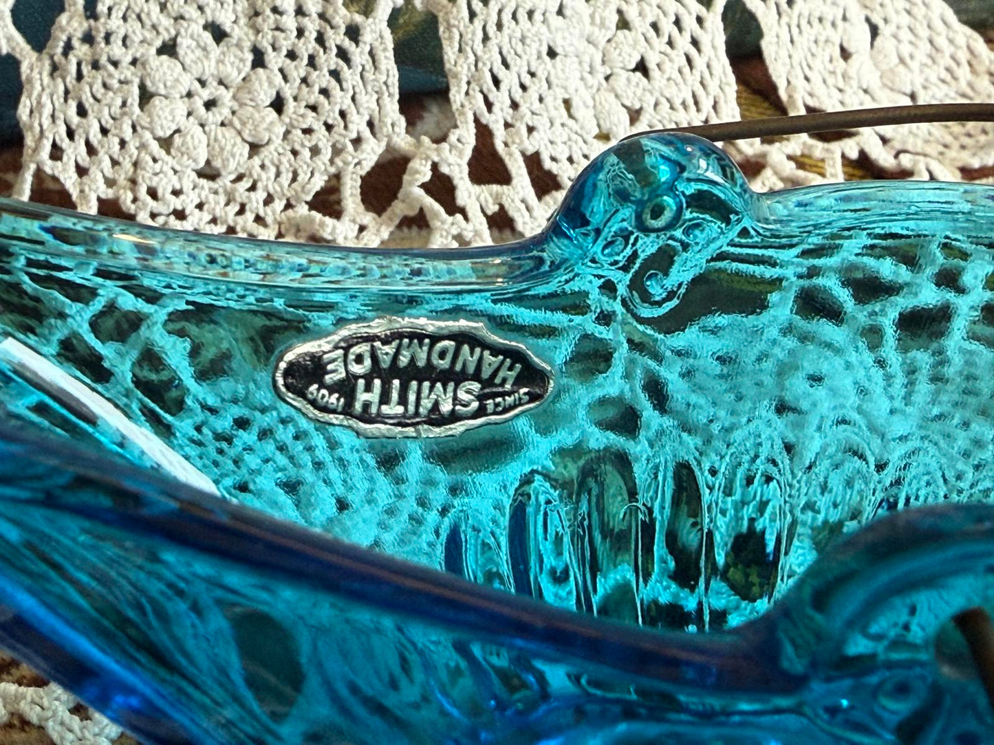 L.E. Smith Blue 'Coal Buck' Ashtray with metal handle Smith Glass