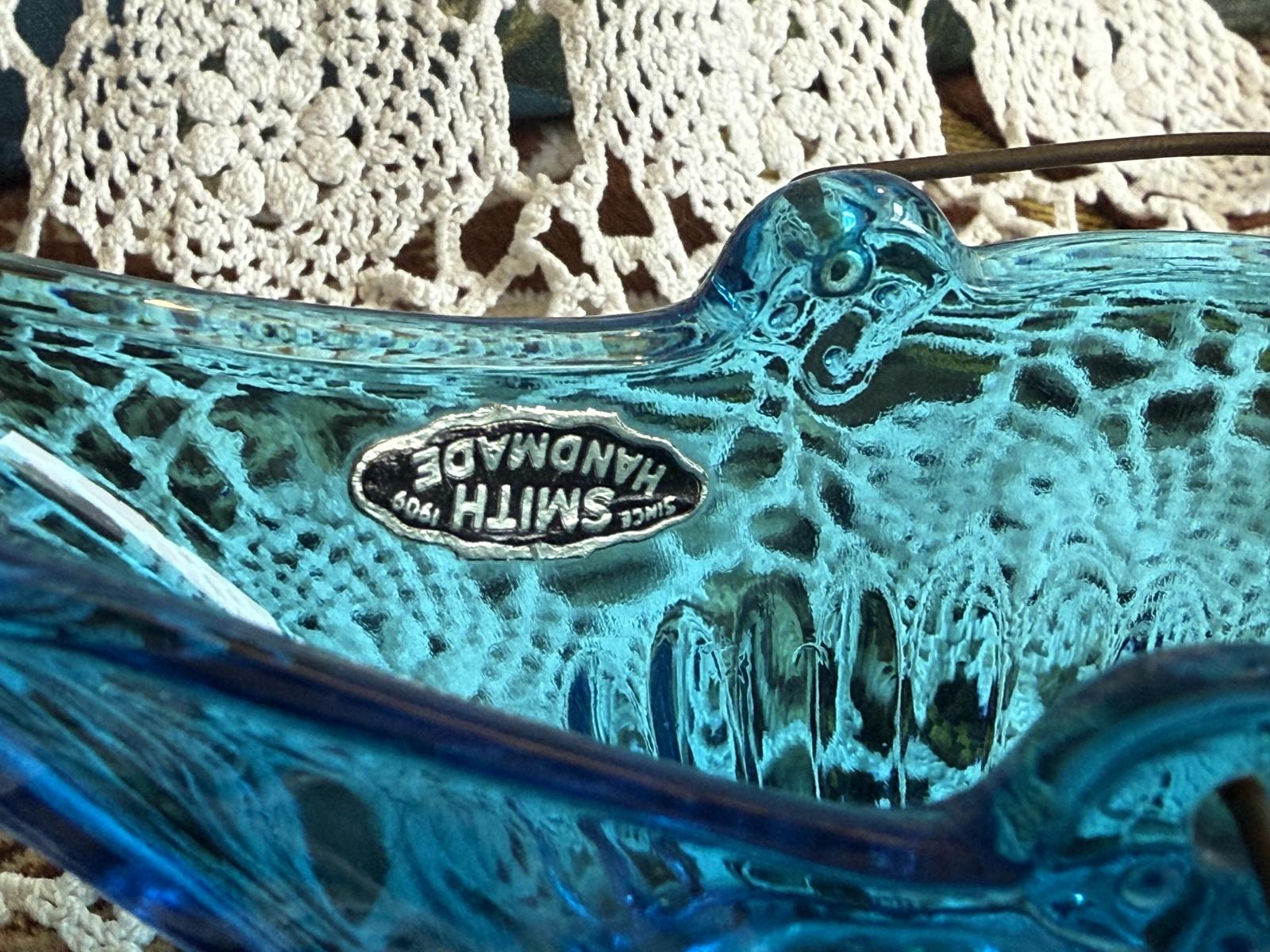 L.E. Smith Blue 'Coal Buck' Ashtray with metal handle Smith Glass