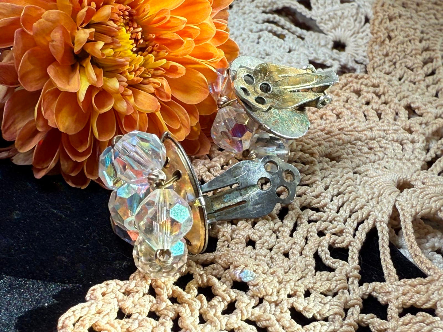 Vintage 1950s Aurora Borealis Crystal Clip Earrings